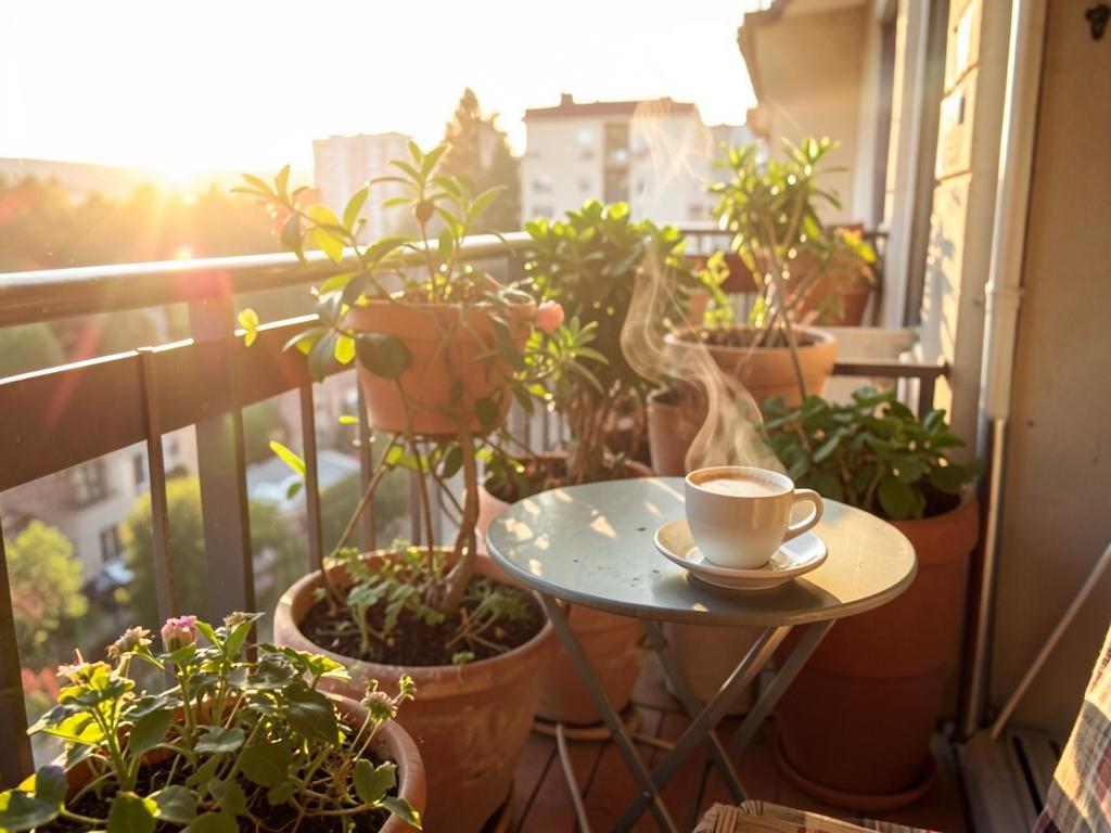 Sonniger Balkon mit dampfender Kaffeetasse im Morgenlicht