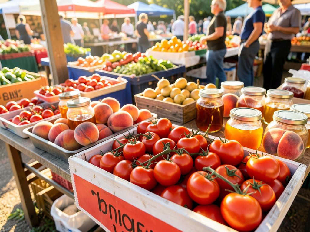 Marktstände mit Tomaten, Pfirsichen und Honiggläsern in der Sonne